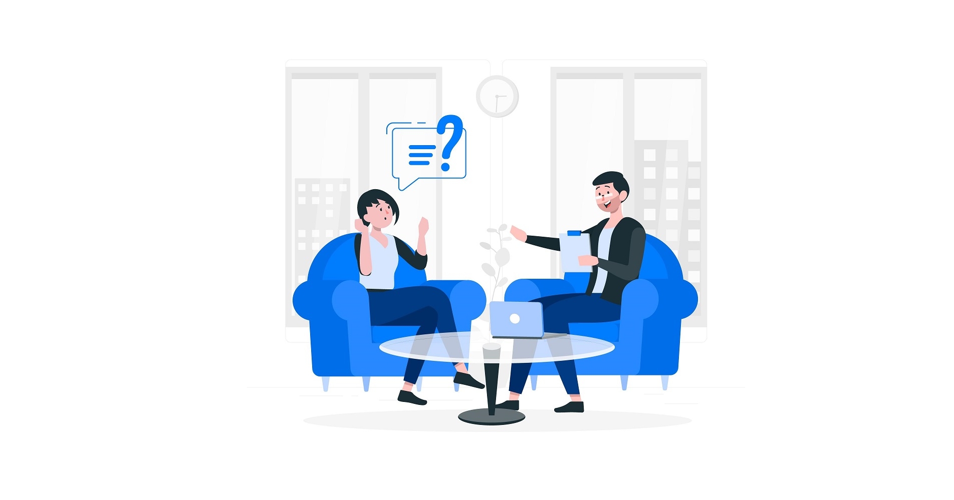 two people are sitting in blue chairs talking to each other